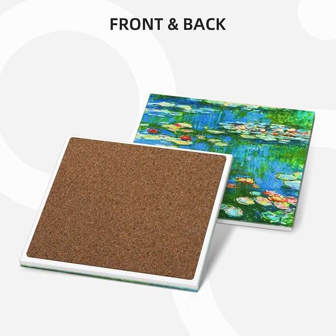 Drinks Absorbent Coasters with Holder Set of 6, Coffee Table Decor, Ceramic Stone Coaster with Cork Base Tabletop Protection Mat for Mugs and Cups,Office,Kitchen (Monet Water Lilies 2)