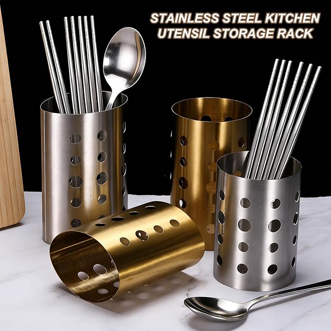 uxcell Kitchen Utensil Holder, 3.9x5.5 Stainless Steel Utensil Cutlery Holder Round Flatware Organizer with Drain Hole for Kitchen Restaurant Countertop Straw, Spoon, Chopstick, Gold