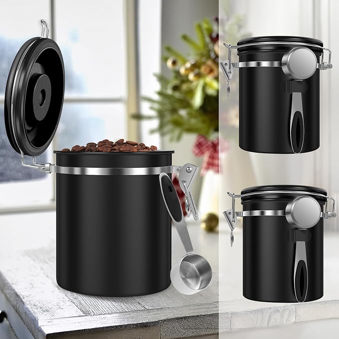 2PCS Coffee Bean Storage Container Set , 1.5L 51oz Airtight Stainless Steel Coffee Canister with Scoop & Date Tracker, Coffee Grounds Container for Coffee Bar, Tea, Sugar, for Coffee Lovers, Black
