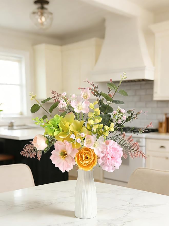 Small 11.8" Artificial Flowers in Ceramic Vase - Yellow Pink Silk Flower Centerpiece for Dining Table, Office, Wedding & Farmhouse, Home Decor Gifts