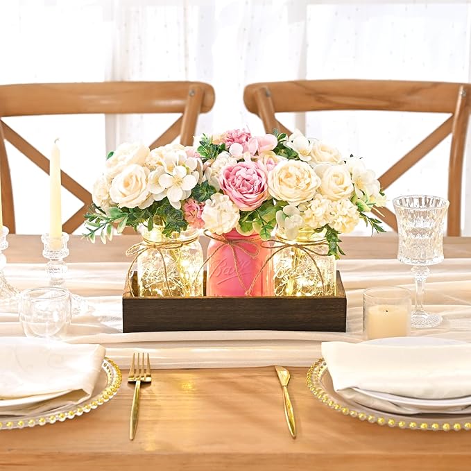 BLEUM CADE Centerpiece Table Decorations - Mason Jar Lights Centerpiece for Kitchen Dining Table Farmhouse Coffee Table Wedding Home Decor with 3 Jars Roses Artificial Flowers & Wood Tray