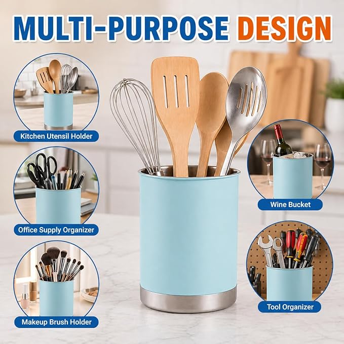 Creative Home Stainless Steel Utensil Holder– 6.3" Large Cooking Tool Organizer for Kitchen Decor and Countertop Storage, Stable Anti-Tip Design, Durable Powder-Coated Finish, Ocean Blue