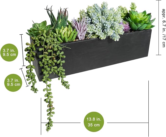 Winlyn 14" Artificial Succulent Plants Arrangement Assorted Faux Succulents in Rustic Black Rectangular Wooden Planter Box Faux Potted Plant Decor for Farmhouse Home Windowsill Shelf Table Centerpiece
