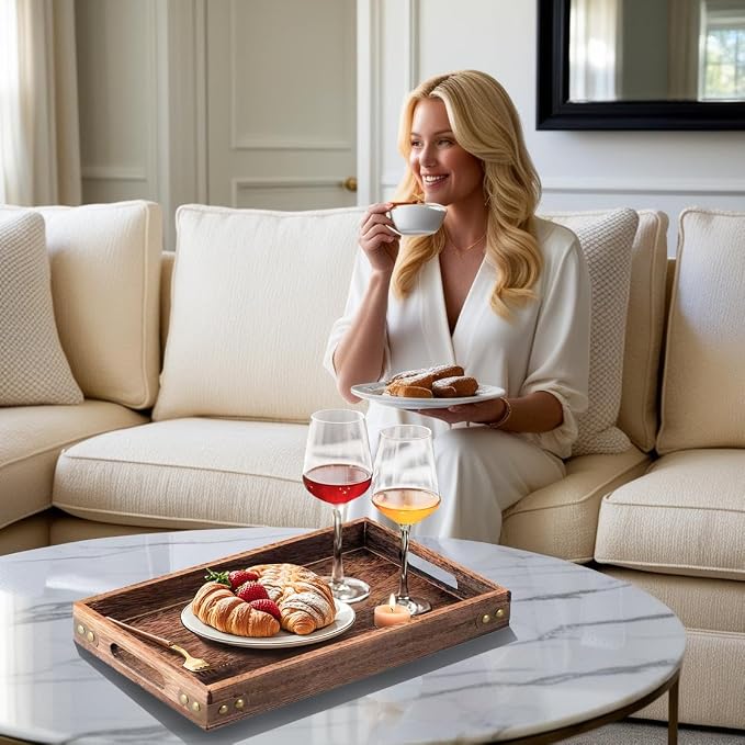 Serving Tray with Handles,15.8"x 11" Wood Decorative Tray for Living Room, Modern Coffee Table Tray, Square Large Serving Platters for Home Decor, Ottoman, Bed, Kitchen, Bathroom, Breakfast, Bar
