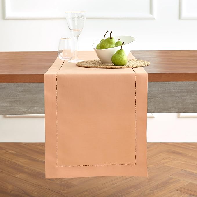 Solino Home Cotton Linen Table Runner 90 Inches Long - Hemstitch Peach Bloom Dining Table Runner 14 x 90 Inch for Spring, Summer