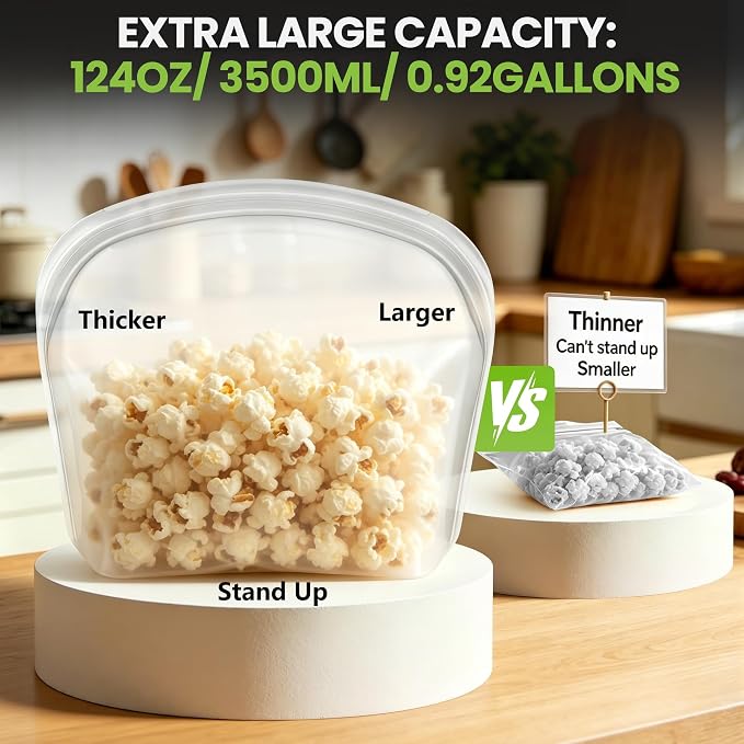 Reusable Silicone Food Storage Bag, Extra Large 124oz/3500ml Stand Up Sandwich Containers Leakproof for Oven, Microwave, Sous Vide & Freezer Bags for Meal Prep BBQ Camping Picnic Organization