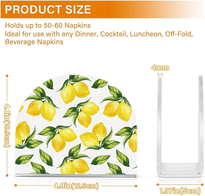 Yellow Lemon and Green Leaves on White Napkin Holder for Tables Paper Cocktail Napkin Holders for Kitchen and Dinning, Acrylic Dinner Napkin Dispenser for Restaurant Home Decor Bar Accessories 2 Pack