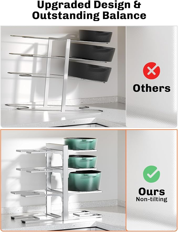 MUDEELA 8-Tier Pots and Pans Organizer under Cabinet, 15.83" Height Heavy Duty Pot Pan Organizer Kitchen Cabinet Organization and Storage, Adjustable Pot Rack for Frying Pan, Cast Iron Skillet, Sliver