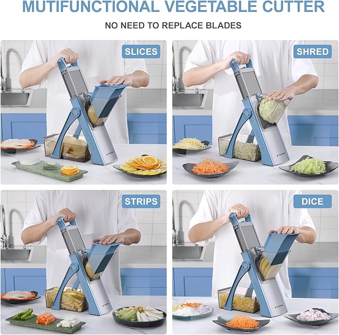 [All in 1] Upgraded Version Safe Mandoline Slicer for Kitchen, Adjustable Thickness. Veggie Slicer, Rapid Prep Mandoline, Detachable Blade, Cleaning Brush (Blue)