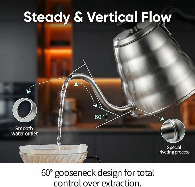 Gooseneck Kettle Stovetop 1.2L (40 oz) with Thermometer & 40 Filters - Stainless Steel Long Spout Tea Kettle for Precision Pour Over Coffee,drip coffee and Tea