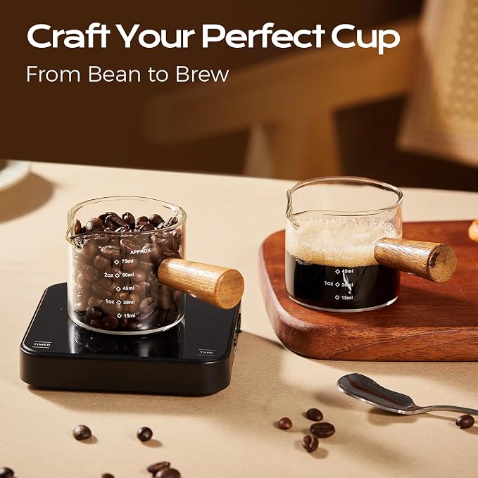 YARRAMATE 2.5 oz/75ML Espresso Shots Cup with Wooden Handle, Clear Glass Demitasse Cup with Dual Scale Markings for Coffee Extraction (1 Pack, Double Spout)