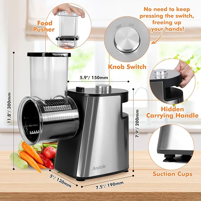 Anatole Electric Cheese Grater Stainless Steel Vegetable Shredder 6 Blades 250W Large Inlet Outlet BPA-Free 110V