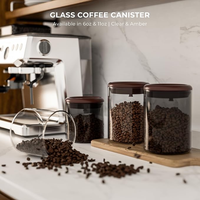 Clear Glass Coffee Container 2-Pack with Pop Lids & Valves - Airtight Canister for Freshness, See-Through Pantry Organization - Storage for Coffee Beans, Cereal & Dry Food, 6OZ Countertop Jar