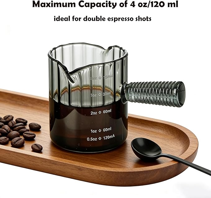 Glass Espresso Shot Measuring Cup Set, Gray, Double Spout Design with Glass Handle for Dishwasher Safe, 4 oz Capacity, 2 Pack, Coffee Bar Accessories (Gray)