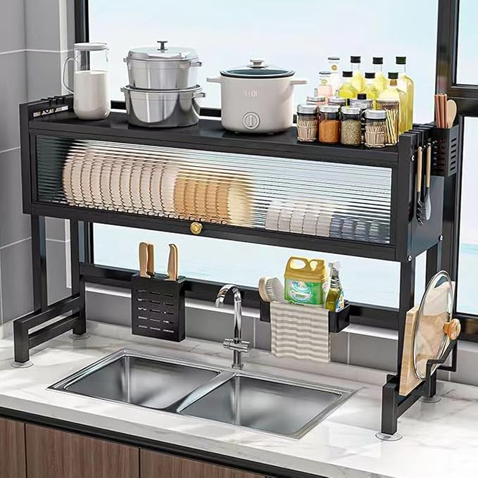 Verida Over the Sink Dish Drying Rack 3 Tier, Over Sink Dish Drain Drying Rack for Kitchen Storage of Dishes and Cutlery, Space Saving Dish Rack with Cover, Black