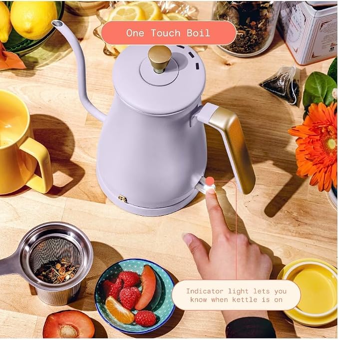 Beautiful Electric Gooseneck Kettle, 1 Liter, 1200W, Stainless Steel Interior, Fast Boil, Precision Pour Spout, Auto Shut-Off & Boil-Dry Protection