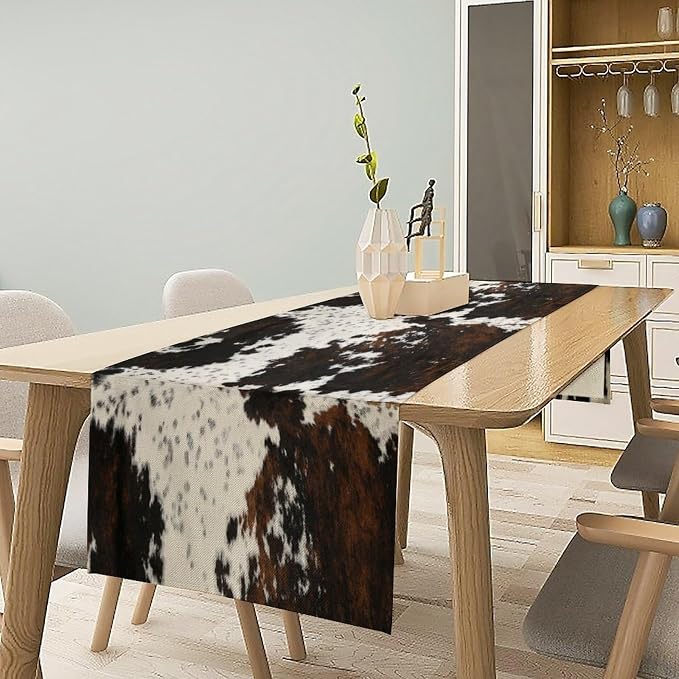 Cow Skin Print Table Runner, Cotton Linen Rustic Cottage Country Farm Animal Fur Skin Pattern Western Style Brown Cowhide Print Dinner Runner for Home Kitchen Dining Table Decoration 13x108 Inch