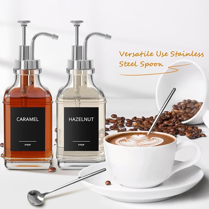 16.9 fl oz/500ml Coffee Syrup Dispenser Set, Coffee Bar Accessories, 4 Glass Bottles with Silver Pumper and Syrup Labels,Syrup Dispenser for Coffee Bar with Spoons,4 Pack