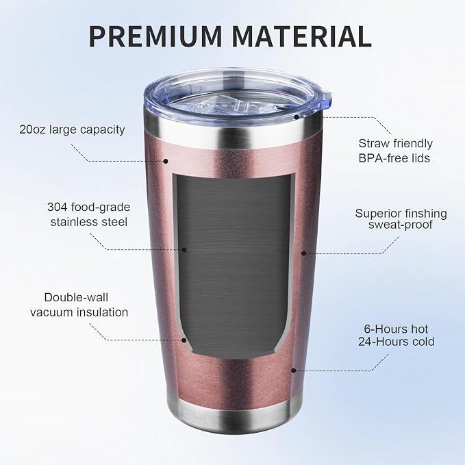 20oz Tumbler with Lid and Straw Double Wall Powder Coated Vacuum Insulated Coffee Tumbler Stainless Steel Insulated Travel Coffee Mug Spill-Proof Thermal Cup for Hot and Cold Beverage,Rose Gold