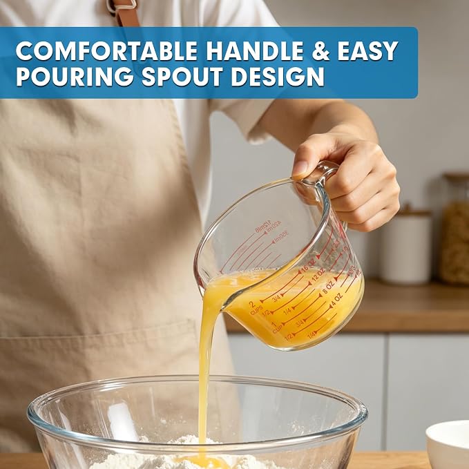 KOMUEE 4 Pieces Glass Measuring Cups Set | 5 Oz, 1-Cup, 2-Cup, 4-Cup Liquid Measuring Cups with Lids for Kitchen, Freezer and Microwave Safe