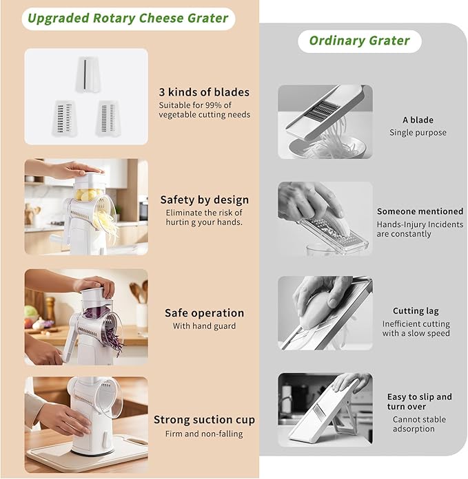 Rotary Cheese Grater for Kitchen, 3-in-1 Manual Vegetable Slicer & Shredder with 3 Stainless Steel Blades, Strong Suction Base Hand Crank Mandoline Food Processor for Cheese, Potato, Nut