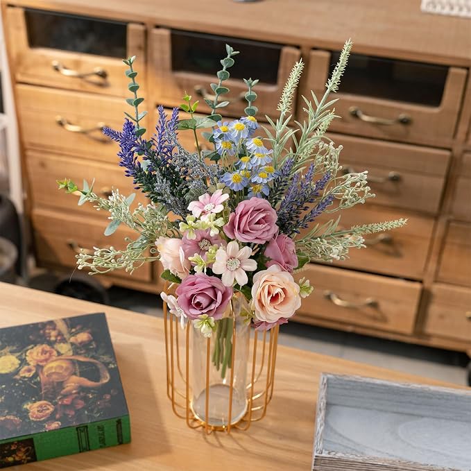 15 Inch Artificial Silk Flowers Bouquet with Roses, Eucalyptus, Baby's Breath, Daisies, Lavender, Sage & Chamomile - Realistic Faux Floral Arrangement for Home Decor Centerpiece