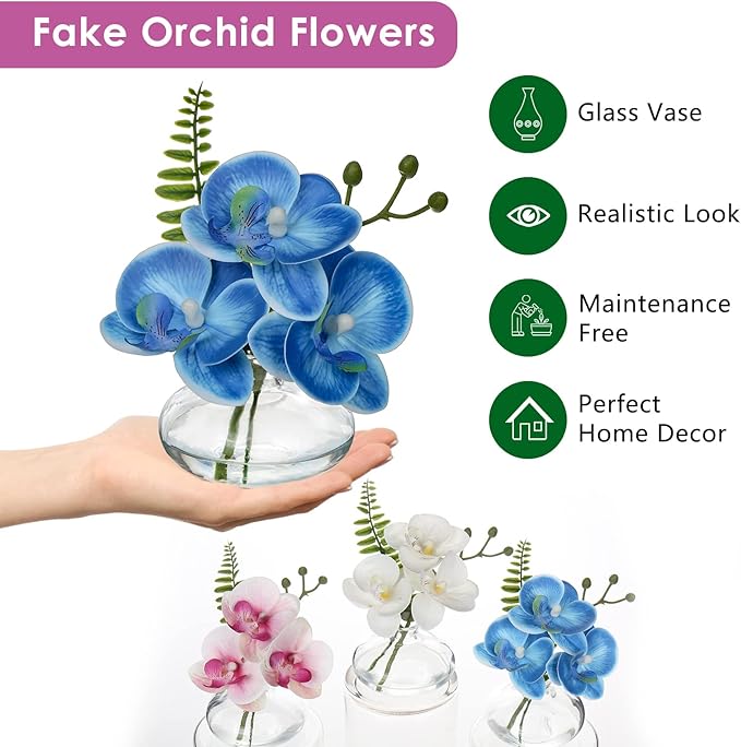Oairse Blue Orchids Artificial Flowers Faux Orchids Arrangement in Clear Glass Vases Set of 3 Real Touch Phalaenopsis Orchid Flowers Small Fake Orchid Centerpiece for Dining Room Table