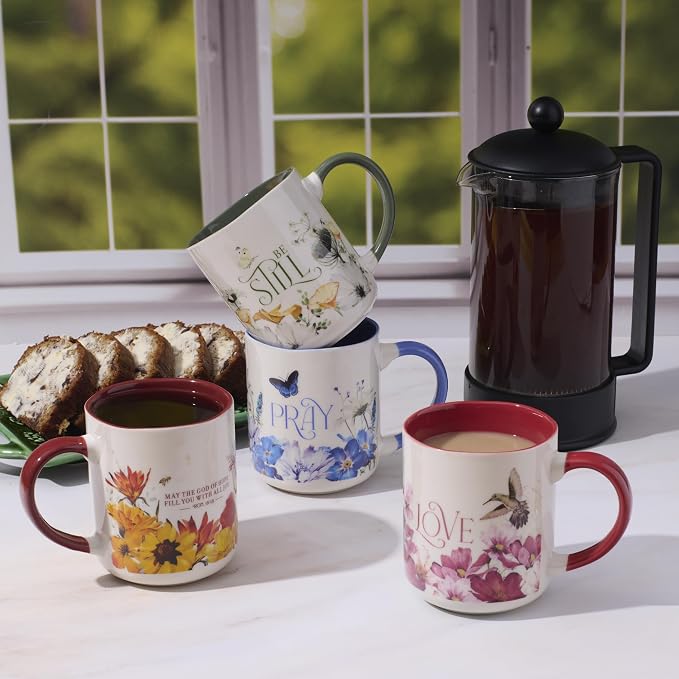 Christian Art Gifts Novelty Inspirational Scripture Ceramic Coffee & Tea Mug Set for Women: Love, Pray, Hope & Be Still, Multicolor Florals, Microwave & Dishwasher Safe Drinkware, Four 12 oz. Cups