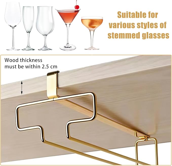 GLOBLELAND 2 Pack Under Cabinet Wine Glass Holder Under Shelf Gold Wine Glass Rack Stemware Rack Hanging Stemware Holder Metal Organizer Storage Hanger for Bar Kitchen