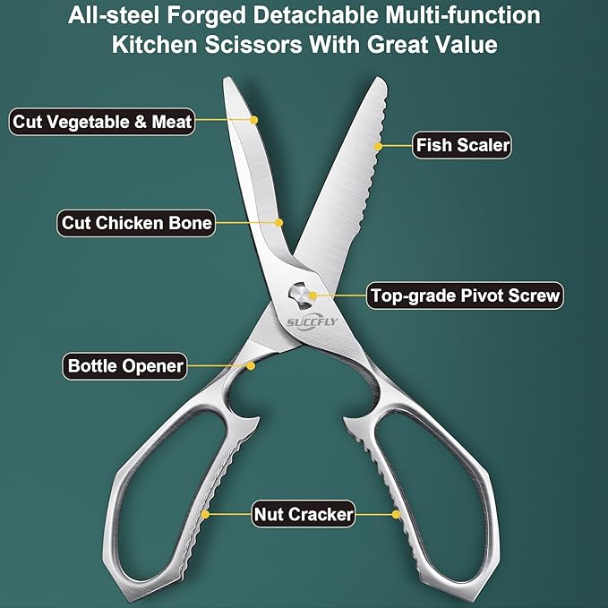 SUCCFLY Premium Kitchen Shears Heavy Duty, Kitchen Scissors for Food, 8.8 Inch Ultra Sharp Meat Scissors Detachable Blade, Silver Titanium Plated Poultry Shears, Anti-Slip Cooking Scissor All Purpose