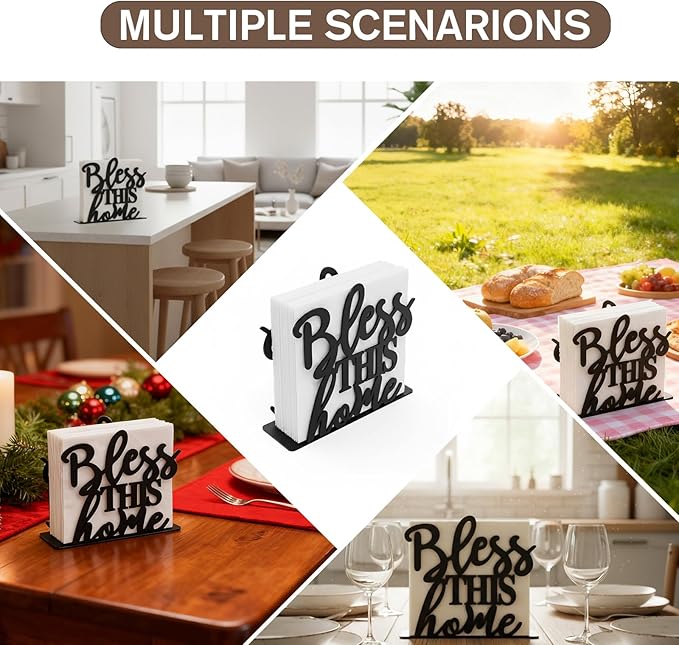 2Pack Bless This Home Napkin Holder for Table, Modern Metal Black Napkin Holders for Kitchen Dining Tables & Countertops, Paper Cocktail Napkins Holder Dispenser for Indoor & Outdoor