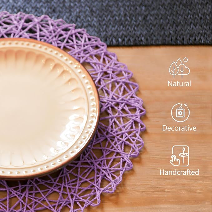 AHHFSMEI Paper Braided Round Placemats Set of 12 Natural Non-Slip Heat Resistant Table Mats for Dining Tables Woven Indoor Outdoor Place mats(Purple,12)
