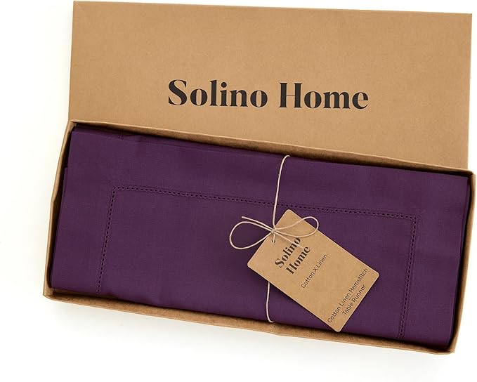 Solino Home Cotton Linen Purple Table Runner 120 Inches Long - Hemstitch 14 x 120 Inch Table Runner