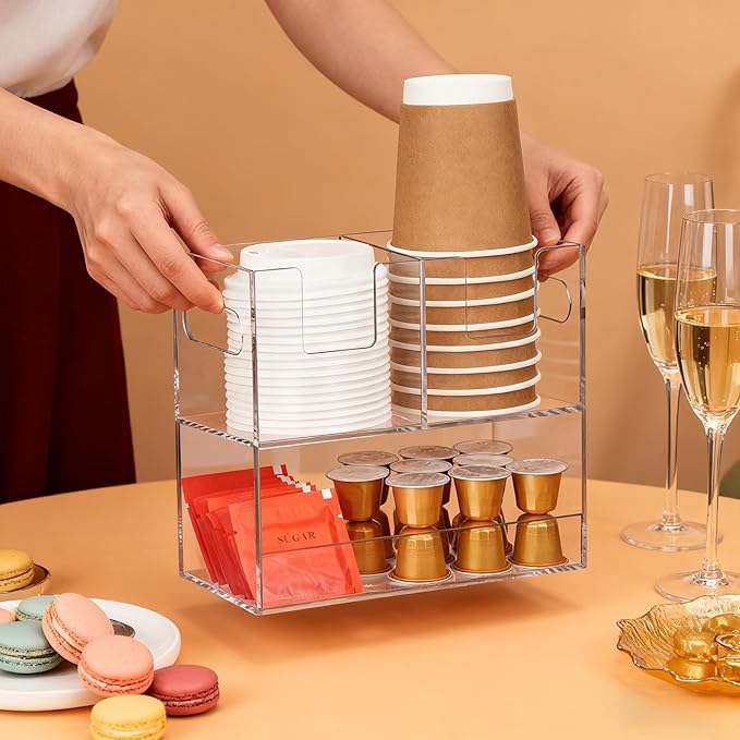 MYITYARD Cup Storage Organizer, Coffee Station Caddy, Clear Acrylic Cup and Lid Holder, Coffee Condiment Bar Accessories for Pods, Sugar, Creamer, Syrup, 3 Compartments, 8.3 x 4.3 x 7.9 Inches