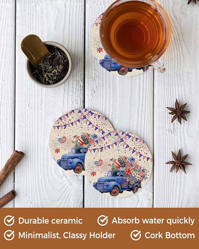 4th of July Coasters Set of 8 Blue Truck Poppy Flower Slate Drink Coasters with Holder Absorbent Stone Ceramic Cup Mat Star Flag Firework Independence Day Coasters for Drinks Coffee Bar Decor Gifts