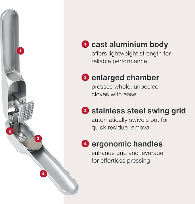 Zyliss Susi 4 Garlic Press - Garlic Crusher for Efficient Mincing - Odor-Free Hands - Large Chamber Made of Durable Stainless Steel - Mess-Free Kitchen Gadget - PFAS-Free Non-Stick Coating - Silver