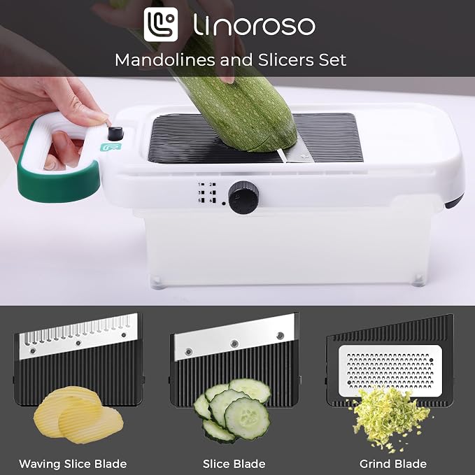 linoroso Adjustable Mandoline Food Slicer 5 in 1, Mandoline Slicer for Kitchen with Container, Vegetable Chopper Shredder Wave Cutter for Potato, Carrot, Zucchini, Grindder for Cheese Lemon