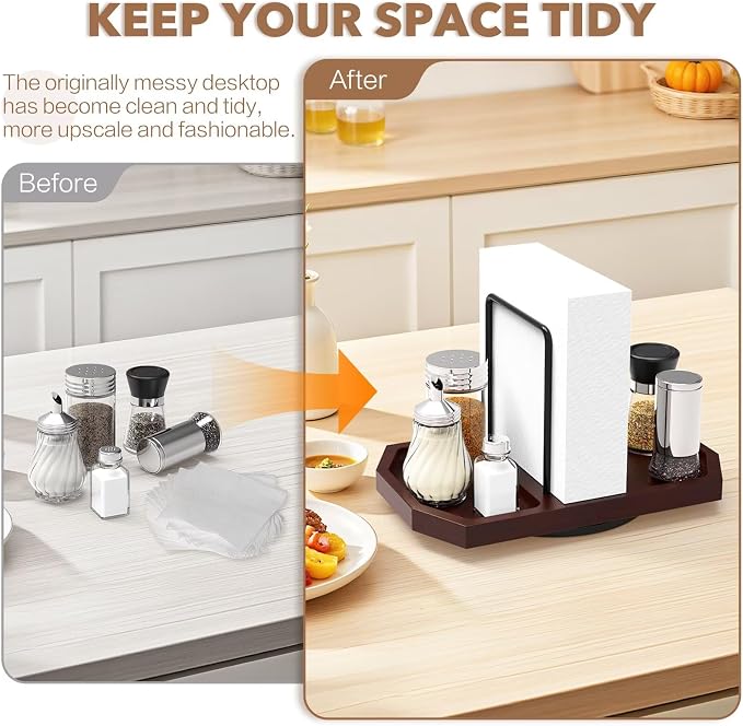 Napkin Holder for Table, Rotating Napkin Dispenser with Salt and Pepper Shakers Storage, Standing Paper Napkin Organizer for Kitchen Dining Table Decor (1, Brown)