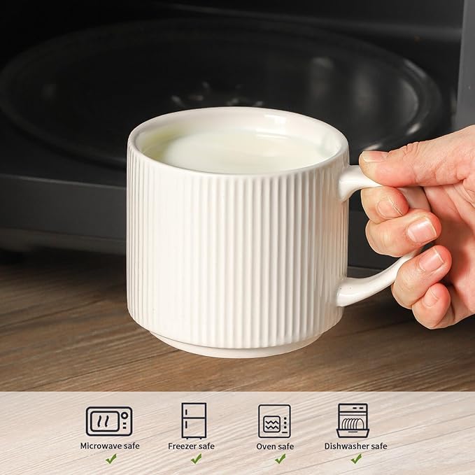 HASENSE 15oz Coffee mugs Set of 4, Ceramic Stackable Coffee Mug with Stainless Steel Rack, Porcelain Coffee Cups with Handle for Latte,Cocoa, Cold & Hot - Easy to Take Out - Vertical Striped,White