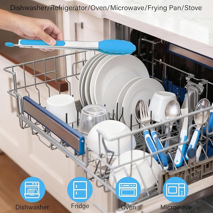 Silicone Salad Tongs - 12 Inch, 304 Stainless Steel Core & Non-Slip Grip, Blue Color, Kitchen Utensils for Grilling Salad