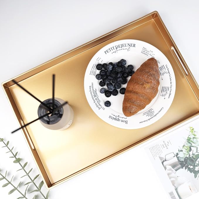 Spsyrine Gold Decorative Serving Tray with Handles, Elegant Plastic Coffee Table Tray for Ottoman, Living Room, Home Decor 15.6" X 10.2"