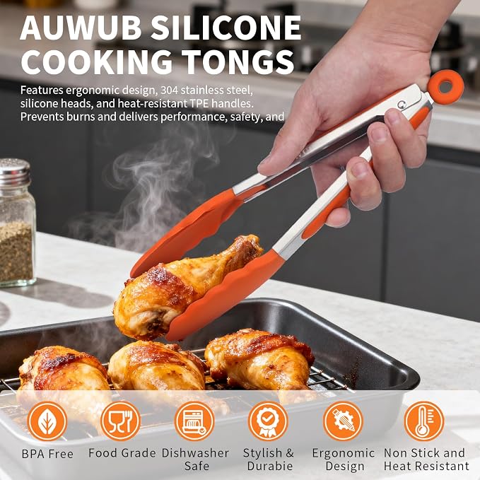 Silicone Salad Tongs - 9 Inch, 304 Stainless Steel Core & Non-Slip Grip, Red Color, Kitchen Utensils for Grilling Salad