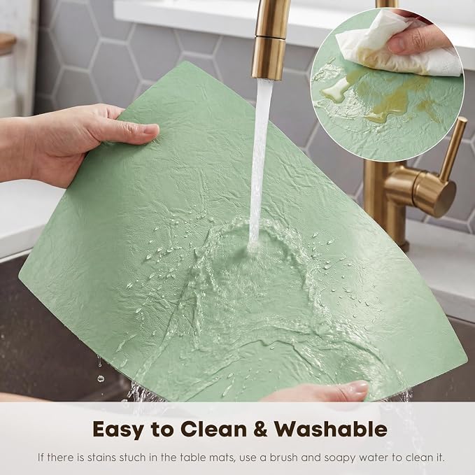 Artoid Mode Sage Faux Leather Placemats Set of 4, 12x18 Inch Waterproof Wipeable Heat Resistant Vinyl Place Mats, Reversible Table Mats for Spring Kitchen Dining Decor