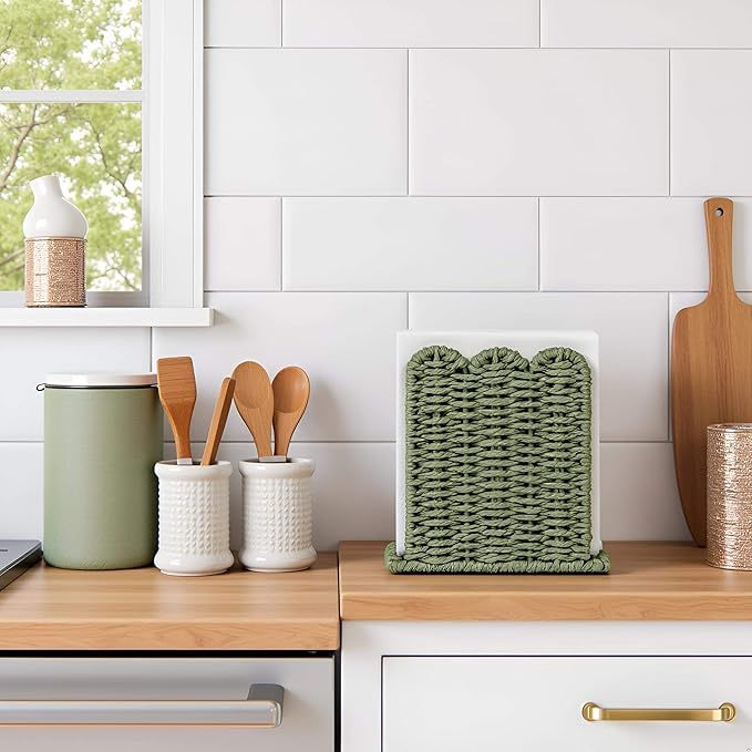 CubesLand Scalloped Edge Napkin Holder for Table Home Rustic Room Decor, Standing Paper Rope Napkin Dispenser for Kitchen Dining Hotel, Cocktail Napkin Holder for Indoor & Outdoor Party, Green
