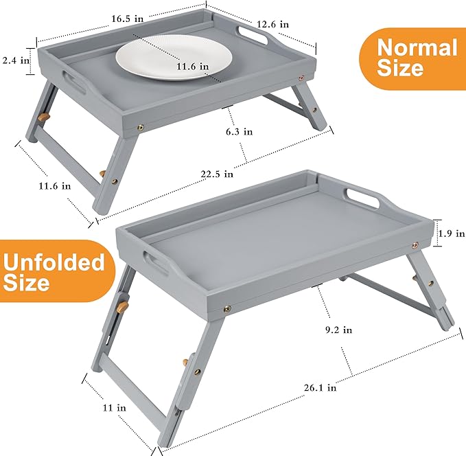 Greenual 2 Pack Bed Tray Table with Handles Folding Legs, Bamboo Breakfast Food Tray with Media Slot, Use As Platter, Laptop Desk, Snack, TV Tray Kitchen Serving Tray(Grey)