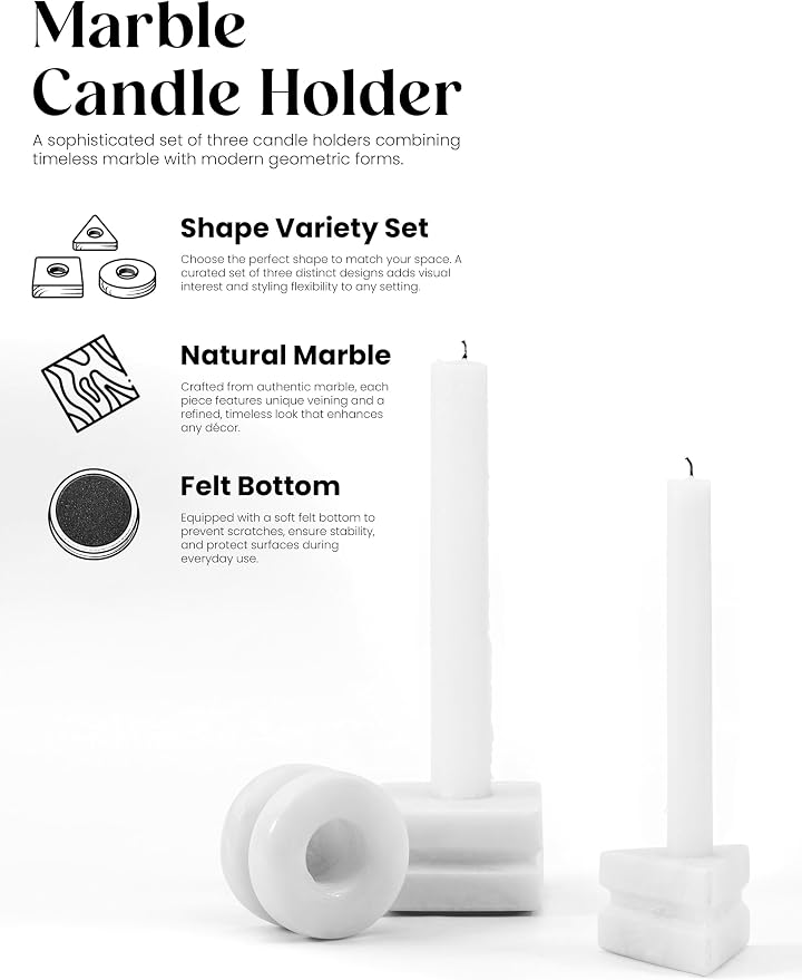 Marble Candle Holder Set of 3, White Natural Stone Candlestick Holders, Handmade Taper Candle Stick Holder, Elegant Modern Home Decor, Table Centerpiece for Living Room, Dining & Wedding Gift