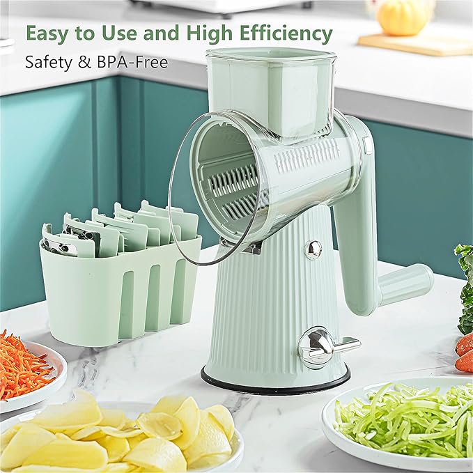 Rotary Cheese Grater with Handle: 5 in 1 Cheese Grater Hand Crank Cheese Shredder with Strong Suction Base Kitchen Vegetable Slicer with 5 Interchangeable Blades, Storage Box, Green