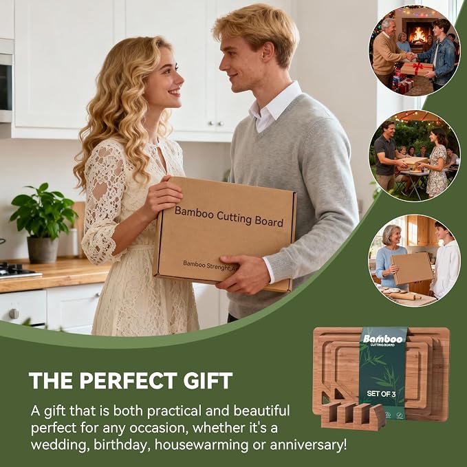 Bamboo Cutting Boards for Kitchen, Wood Cutting Boards with Deep Juice Grooves, 3-Pack Bamboo Cutting Board Set with Holder, Chopping Board & Charcuterie Board for Meal Prep & Serving