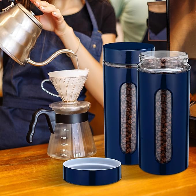 Mimorou 6 Pack Kitchen Canisters Set Airtight Coffee Sugar Tea Storage Jars with Window Glass Stainless Steel Containers with Lids for Flour Cookies Spices Grains Kitchen Decorations(Navy Blue,44 oz)