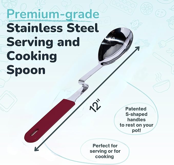 Souper Cubes + Lori Greiner No Mess Stainless Steel Cooking Spoon with Silicone Handle - Stainless Steel Serving Spoon No Mess Design Hooks on Side of Any Pot - Cranberry